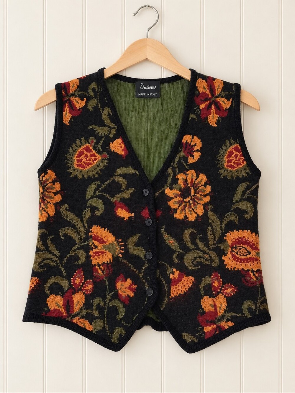 Ingrid Floral Knit Vest Made in Italy Fall Flowers Women's Size Approx S Black